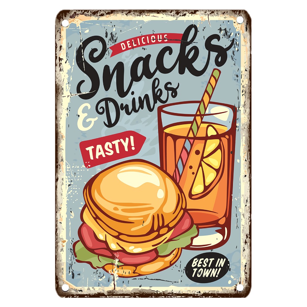 لافتة معدنية عتيقة للطعام، ديك - مراجعة Food Snacks Drinks وسعره